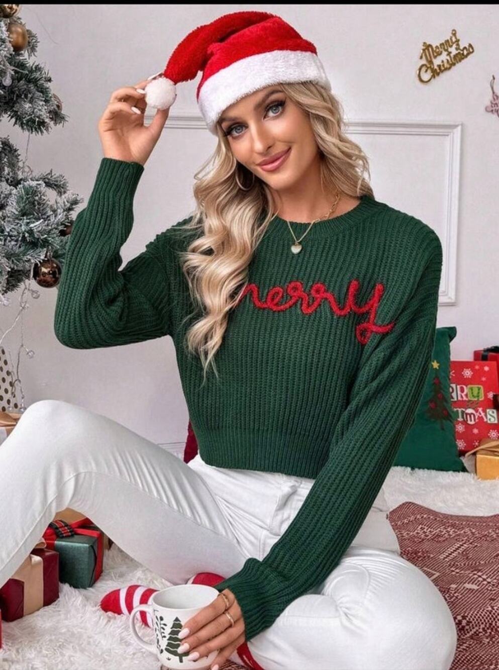EMERY ROSE Crew Neck Drop Shoulder Long Sleeve Letter Knit Xmas Sweater Size L